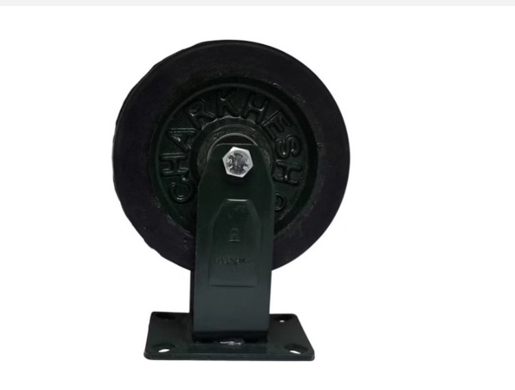 چرخ پایه آهنی لاستیکی (آمریکایی) (حمل بارهای سنگین در کارخانجات و انبارها-استفاده در ماشینآلات صنعتی و تجهیزات سنگین-استفاده در گاریهای باربری و تجهیزات جابهجایی بار-سطوح سخت و صاف مانند بتن و آسفالت)