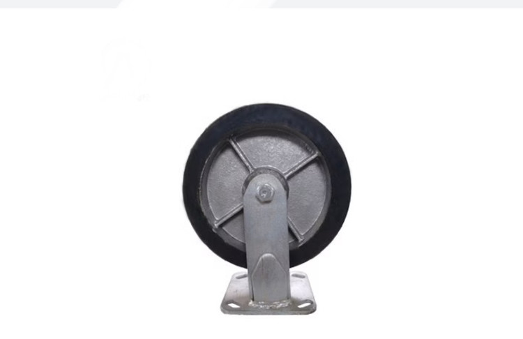 چرخ آهنی لاستیکی (حمل بارهای سنگین در کارخانجات و انبارها-استفاده در ماشینآلات صنعتی و تجهیزات سنگین-استفاده در گاریهای باربری و تجهیزات جابهجایی بار-سطوح سخت و صاف مانند بتن و آسفالت)