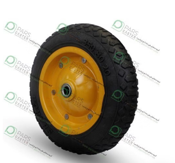 چرخ 350 توپر PVC شرق  (مناسب برای حمل بار در محیط‌های سخت و پرخطر مانند کارگاه‌های ساختمانی-عدم نیاز به بادگیری و پنچر نشدن در شرایط کاری خشن-تحمل وزن بالا بدون تغییر شکل یا آسیب‌دیدگی-کاربرد در فرغون‌های صنعتی، ساختمانی و کشاورزی-حرکت پایدار روی سطوح ناهموار، سنگی یا فلزی-عمر طولانی و نگهداری آسان در مقایسه با چرخ‌های بادی-مقاوم در برابر اشیاء تیز، حرارت و ضربه-ایده‌آل برای استفاده در محیط‌های پر از نخاله، میخ یا مصالح ساختمانی)