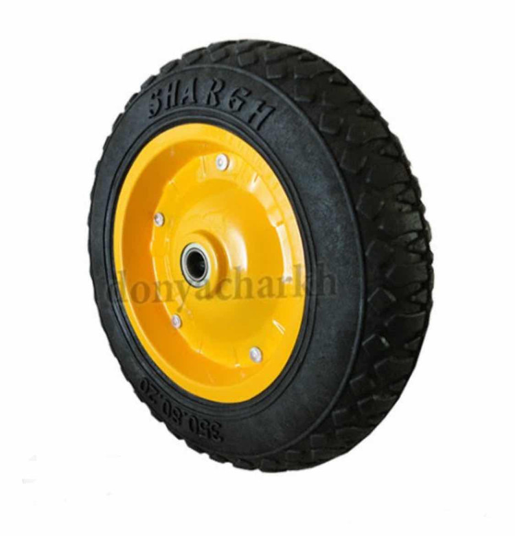 چرخ فرقون تیوپلس pvc مینی بلبرینگی (استفاده در فرغونهای ساختمانی برای جابجایی مصالح در زمینهای ناهموار-حرکت نرم و ضربهگیر روی خاک، شن، ماسه و آسفالت-مناسب برای کارگاههای عمرانی، کشاورزی و باغبانی-کاهش فشار روی دست و بدن کاربر هنگام حمل بار سنگین-قابلیت جذب ضربه و جلوگیری از آسیب به بار در مسیرهای خشن-تحمل وزن بالا همراه با انعطافپذیری مناسب-نصب آسان روی انواع فرغونهای سبک و سنگین-افزایش طول عمر فرغون در محیطهای کاری سخت و متغیر)